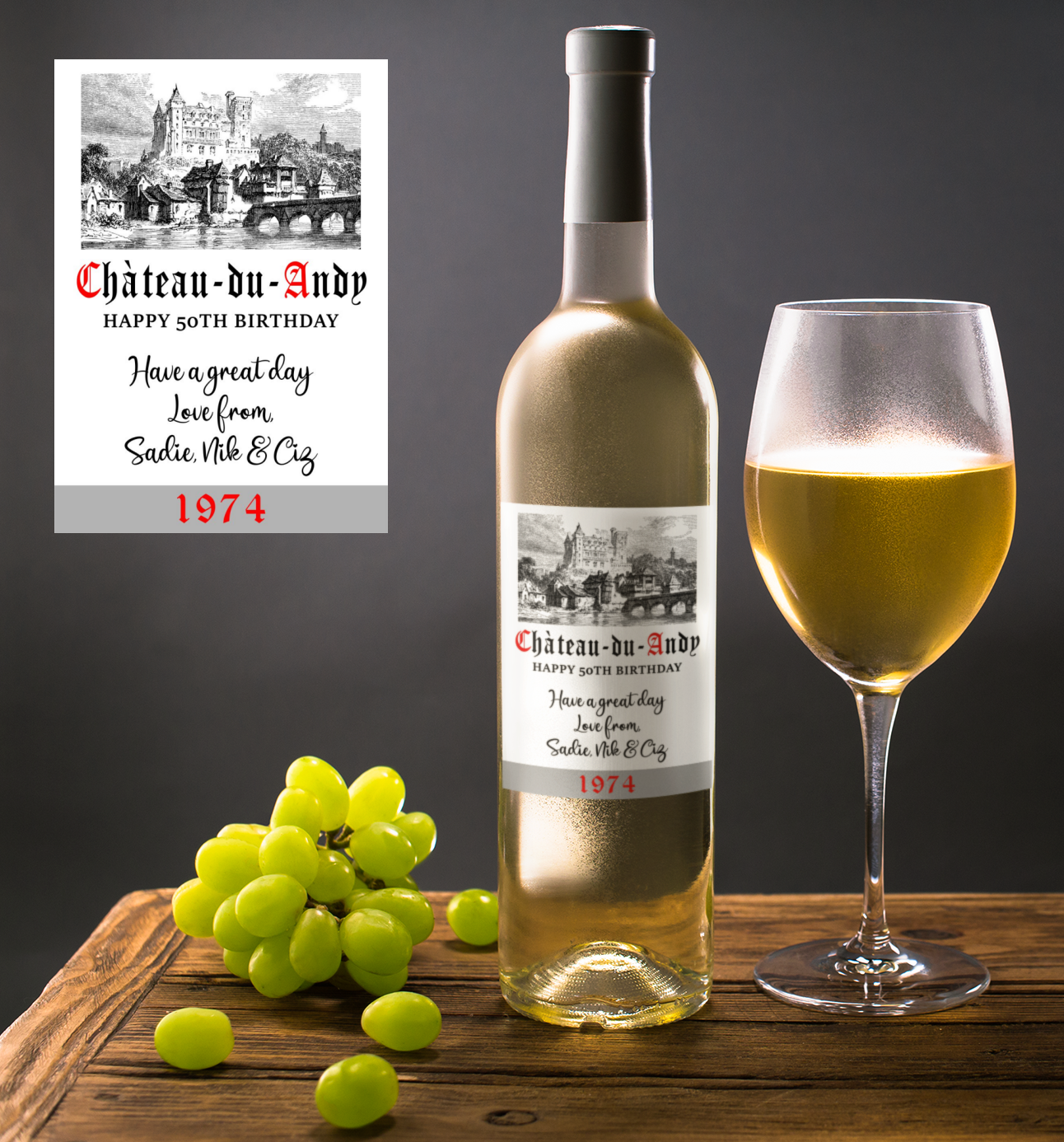 Birthday Wine Bottle Label x2 - Chateau du Name - Any Name Age Year and Message - To fit Most Alcohol Bottles Custom Gift