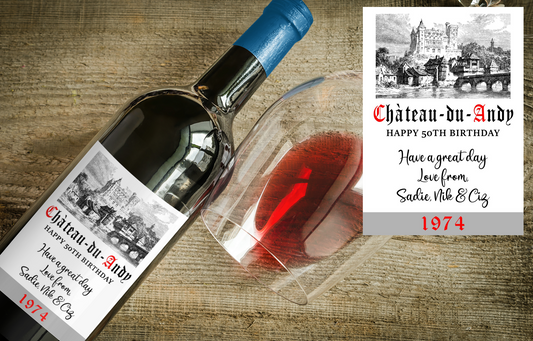Birthday Wine Bottle Label x2 - Chateau du Name - Any Name Age Year and Message - To fit Most Alcohol Bottles Custom Gift