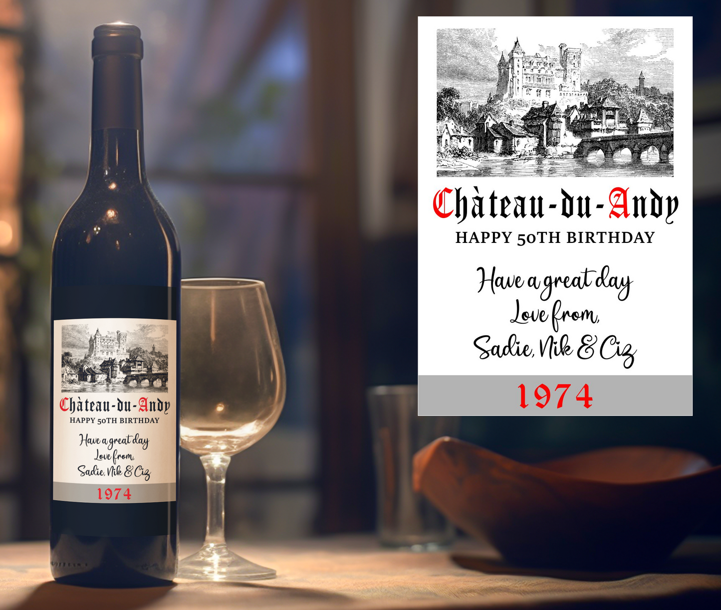 Birthday Wine Bottle Label x2 - Chateau du Name - Any Name Age Year and Message - To fit Most Alcohol Bottles Custom Gift
