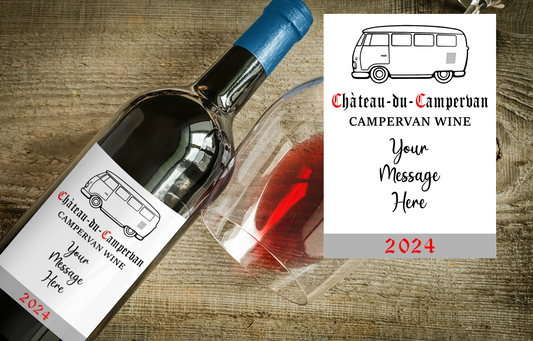 Campervan Wine Bottle Label x2 - Chateau du Campervan - Personalise Year and Message - To fit Most Alcohol Bottles Custom Gift