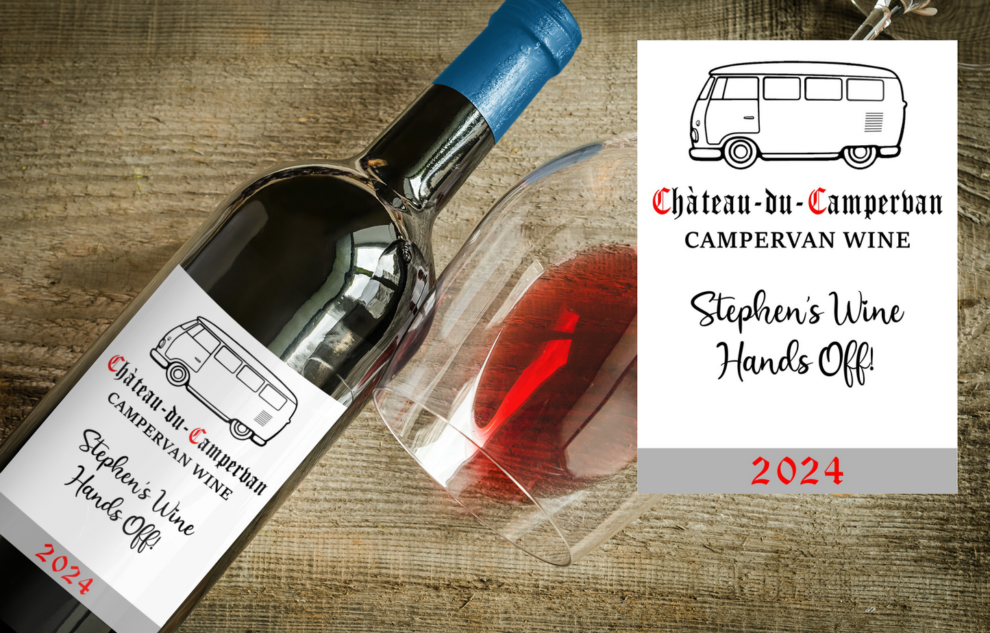 Campervan Wine Bottle Label x2 - Chateau du Campervan - Personalise Year and Message - To fit Most Alcohol Bottles Custom Gift