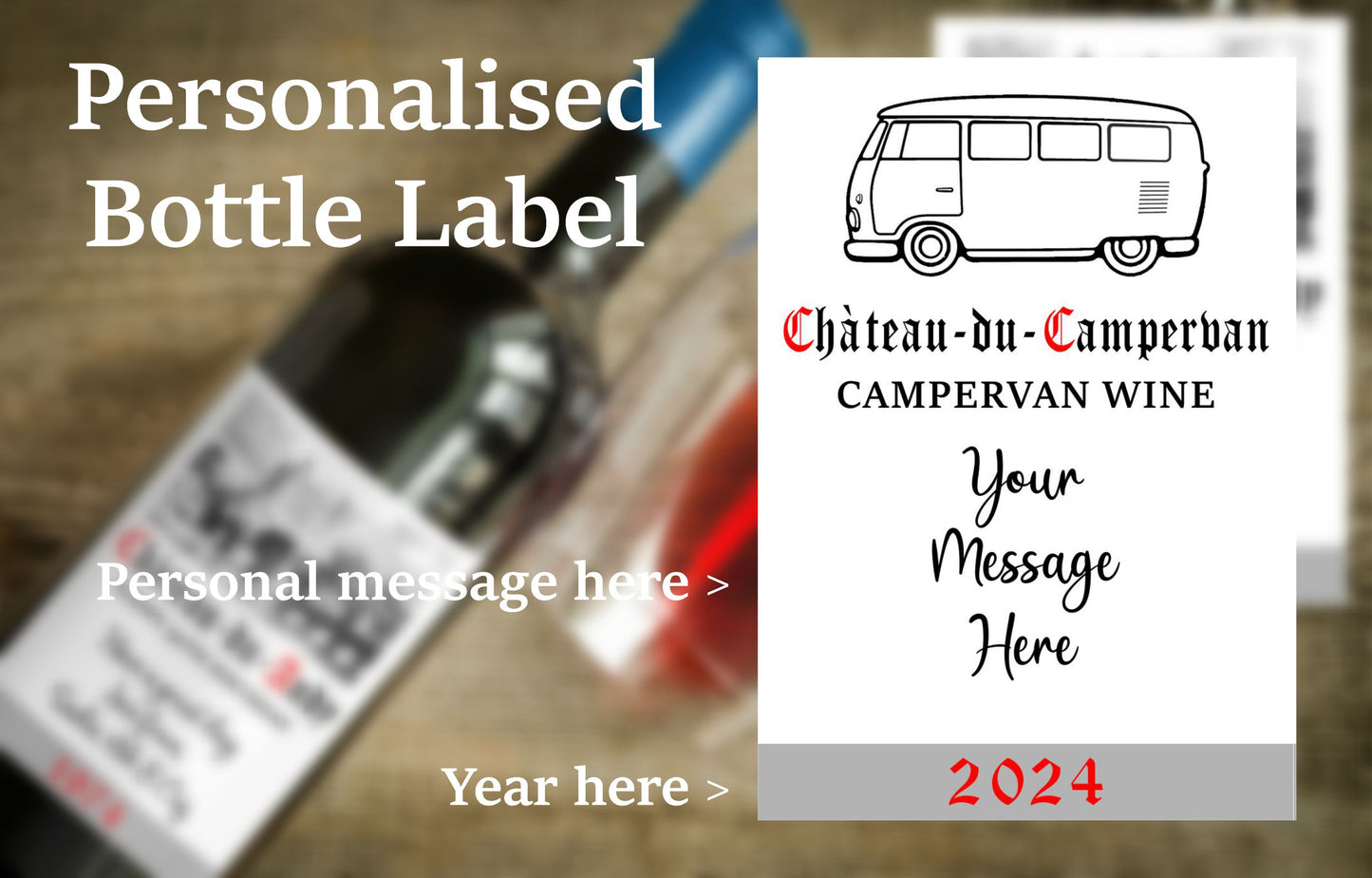 Campervan Wine Bottle Label x2 - Chateau du Campervan - Personalise Year and Message - To fit Most Alcohol Bottles Custom Gift