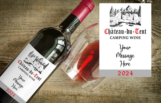 Camping Wine Bottle Label x2 - Chateau du Tent - Personalise Year & Message - To fit Most Alcohol Bottles Custom Gift