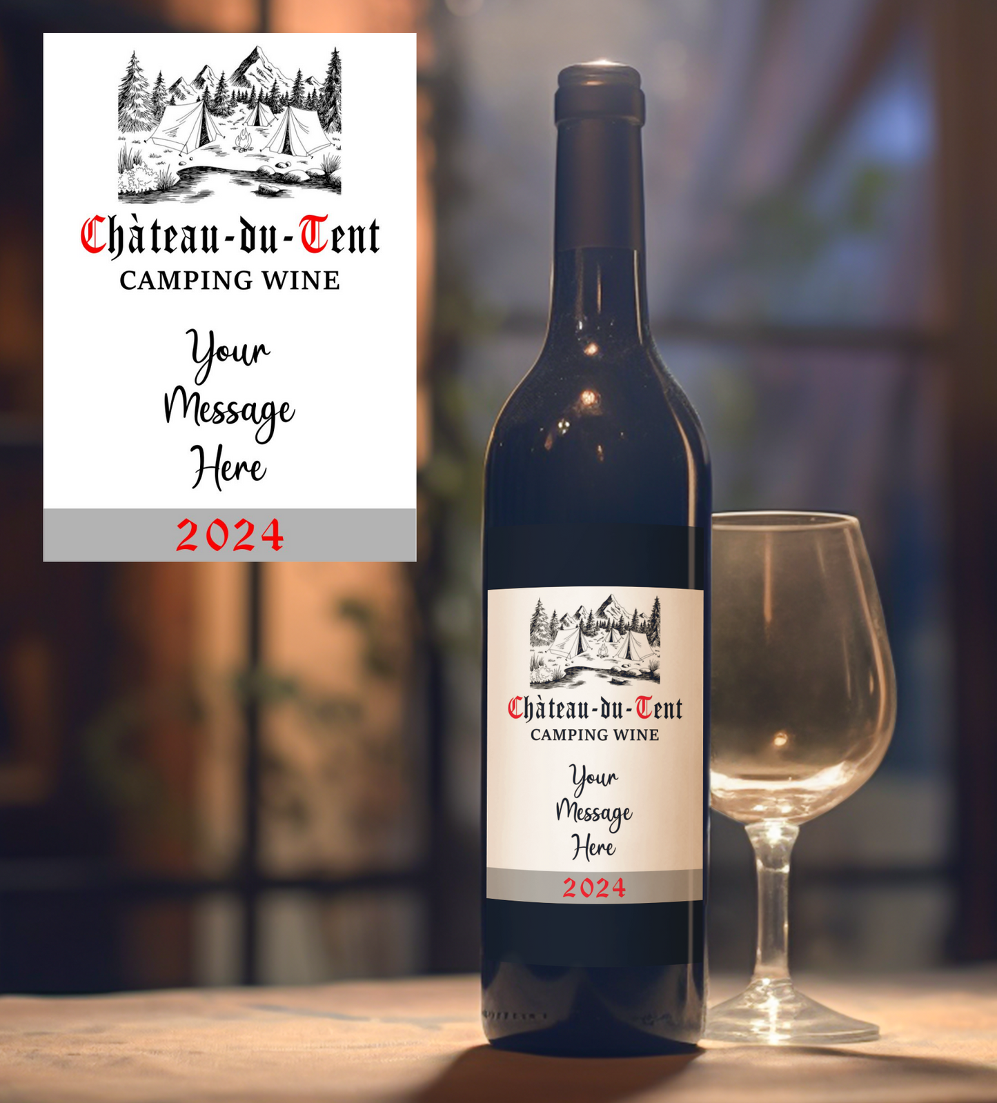 Camping Wine Bottle Label x2 - Chateau du Tent - Personalise Year & Message - To fit Most Alcohol Bottles Custom Gift