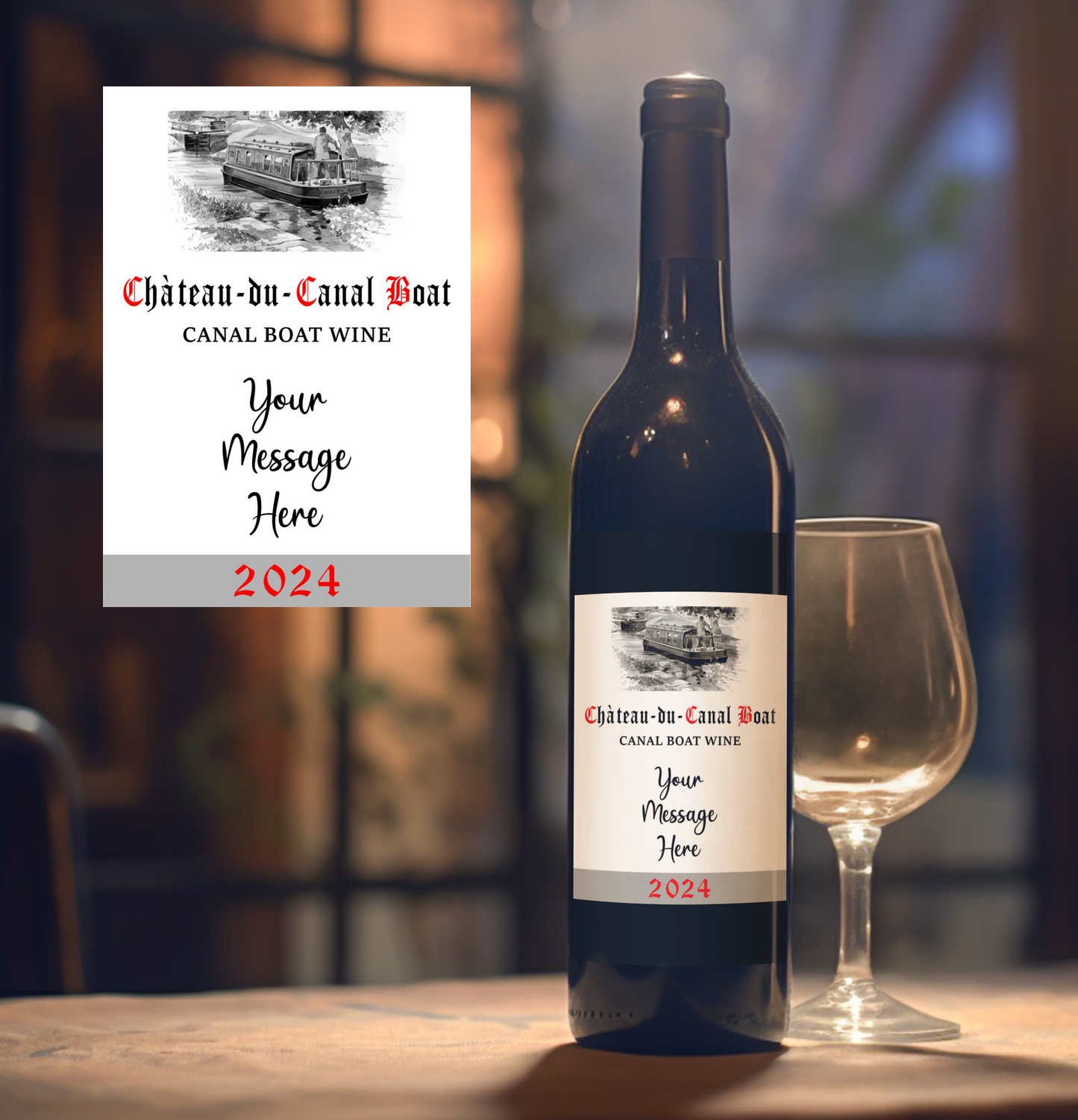 Boating Wine Bottle Label x2 - Chateau du Canal Boat - Personalise Year & Message - To fit Most Alcohol Bottles Custom Gift