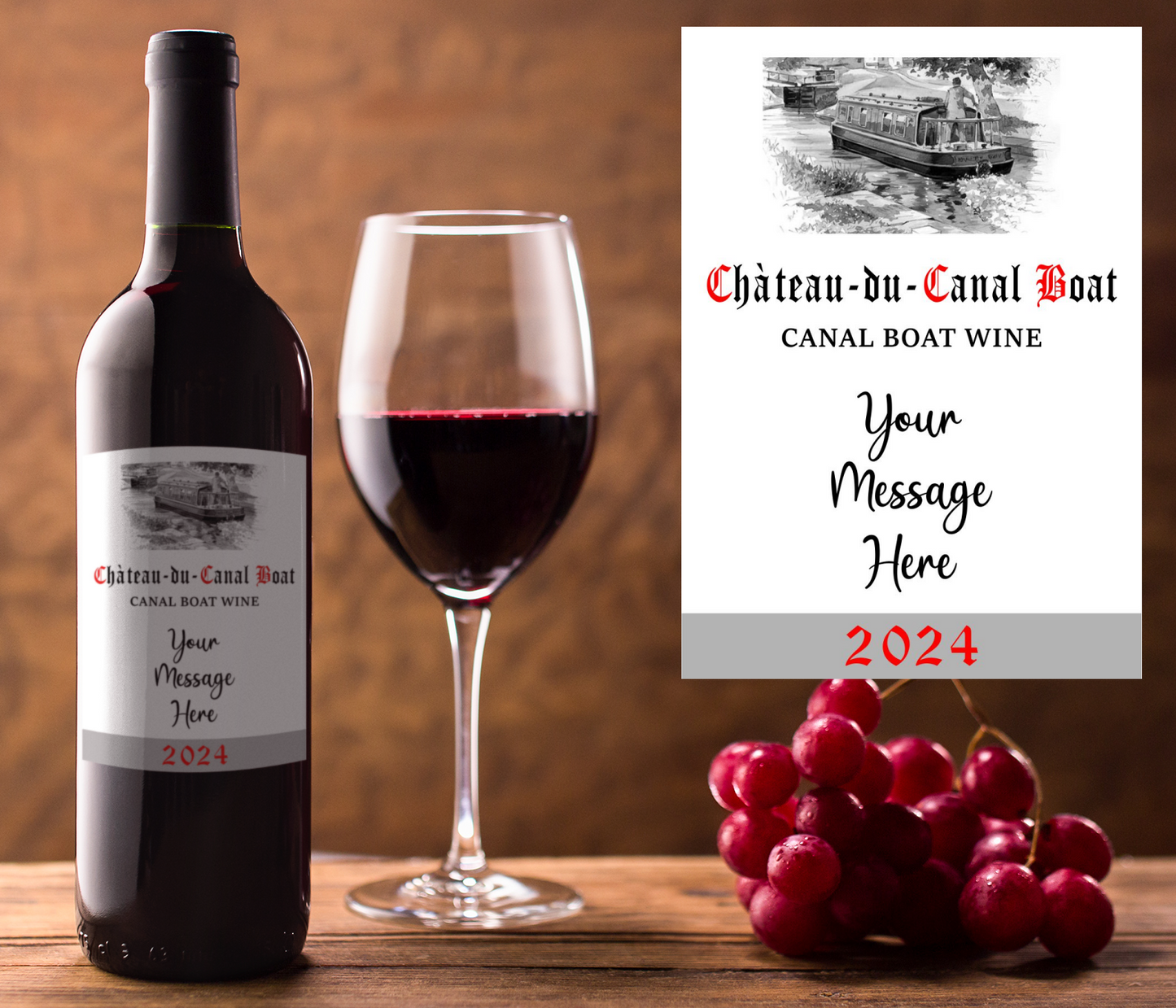 Boating Wine Bottle Label x2 - Chateau du Canal Boat - Personalise Year & Message - To fit Most Alcohol Bottles Custom Gift