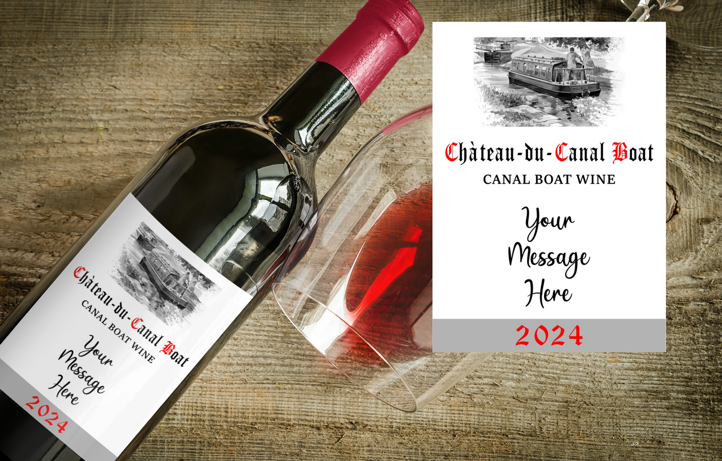 Boating Wine Bottle Label x2 - Chateau du Canal Boat - Personalise Year & Message - To fit Most Alcohol Bottles Custom Gift