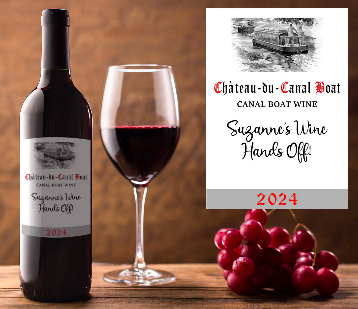 Boating Wine Bottle Label x2 - Chateau du Canal Boat - Personalise Year & Message - To fit Most Alcohol Bottles Custom Gift