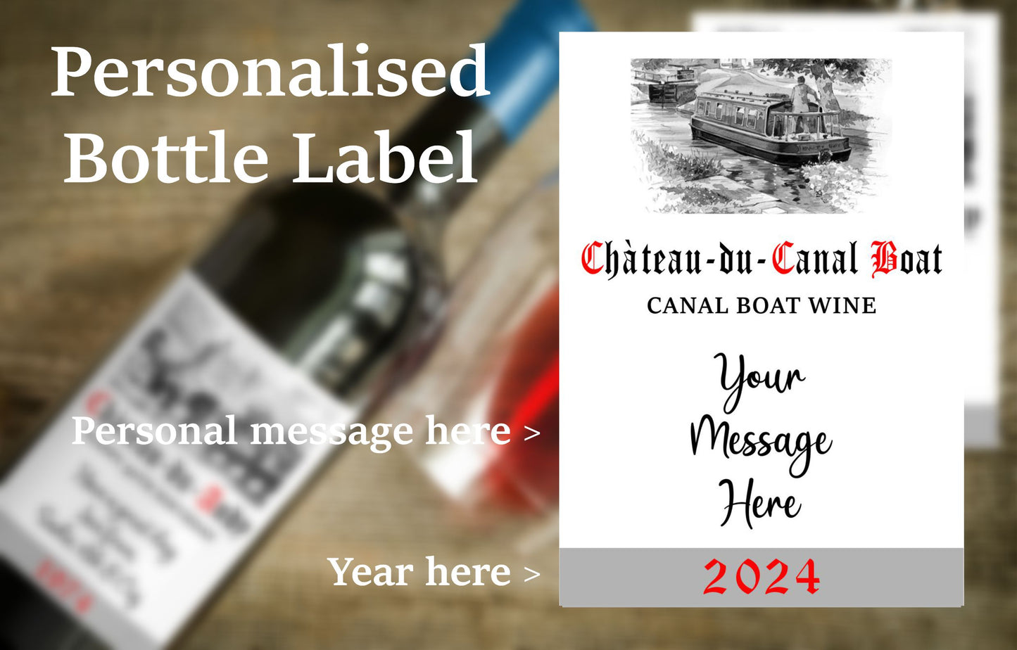 Boating Wine Bottle Label x2 - Chateau du Canal Boat - Personalise Year & Message - To fit Most Alcohol Bottles Custom Gift