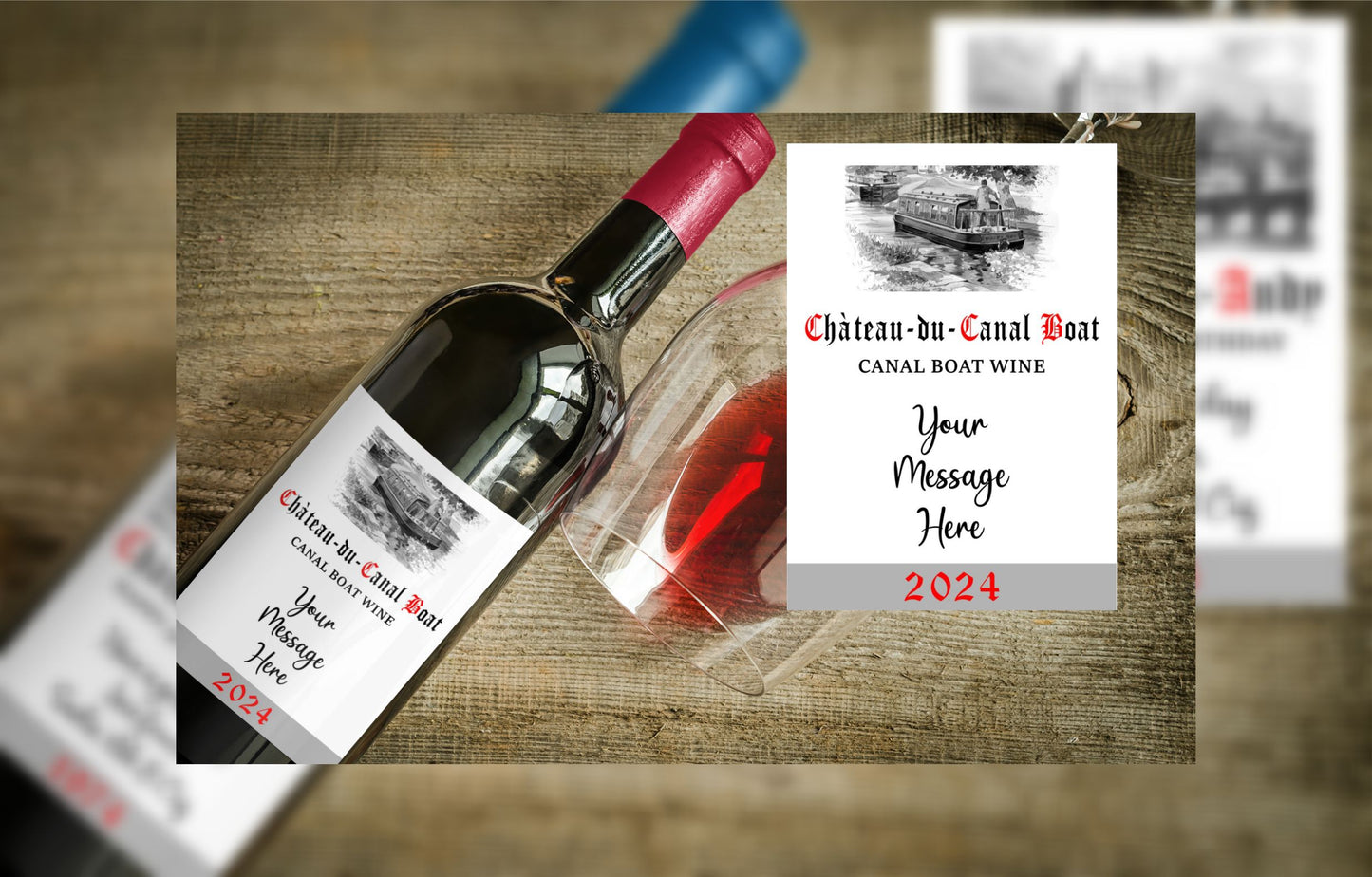 Boating Wine Bottle Label x2 - Chateau du Canal Boat - Personalise Year & Message - To fit Most Alcohol Bottles Custom Gift