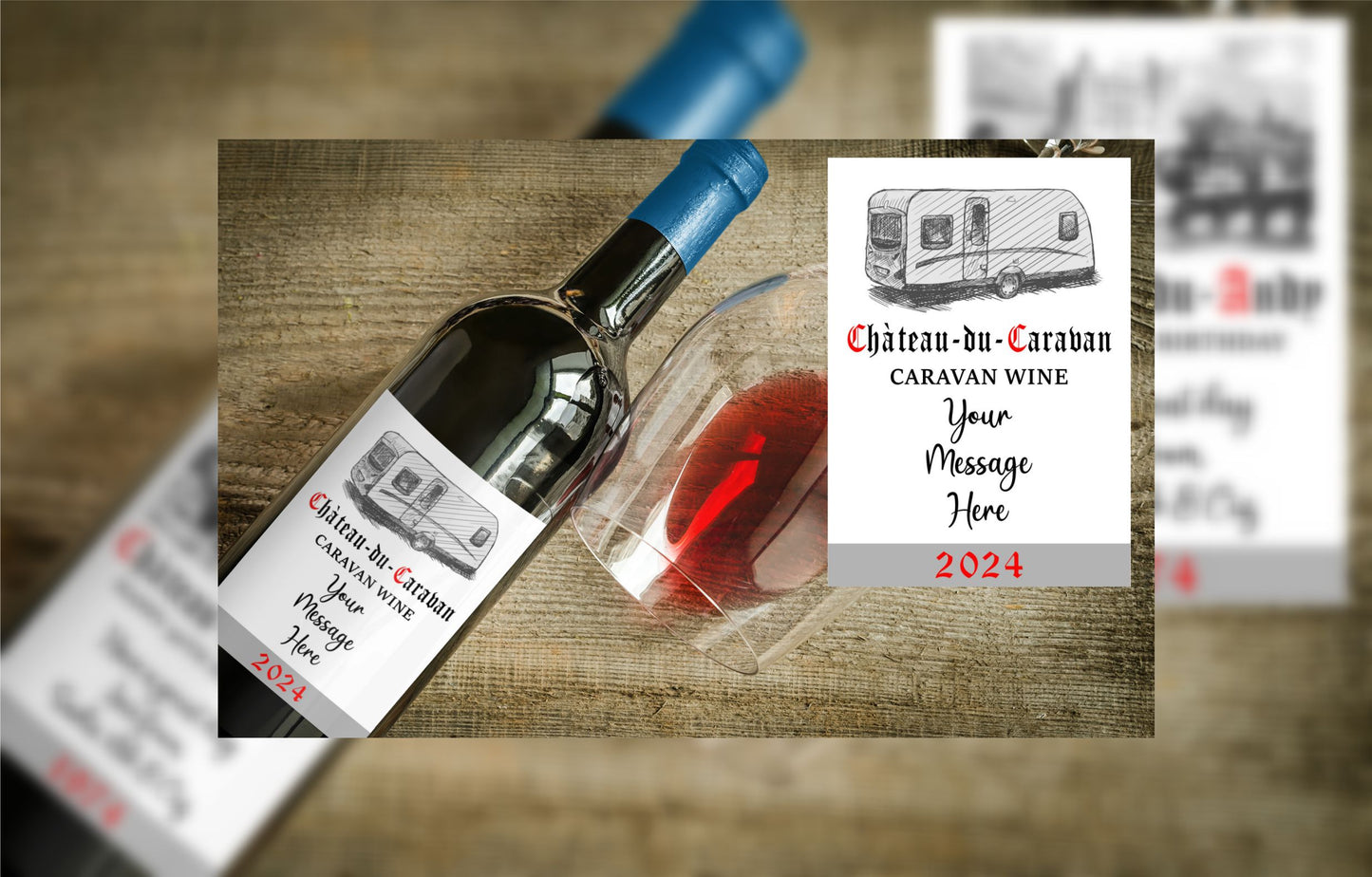 Caravan Wine Bottle Label x2 - Chateau du Caravan - Personalise Year and Message - To fit Most Alcohol Bottles Custom Gift