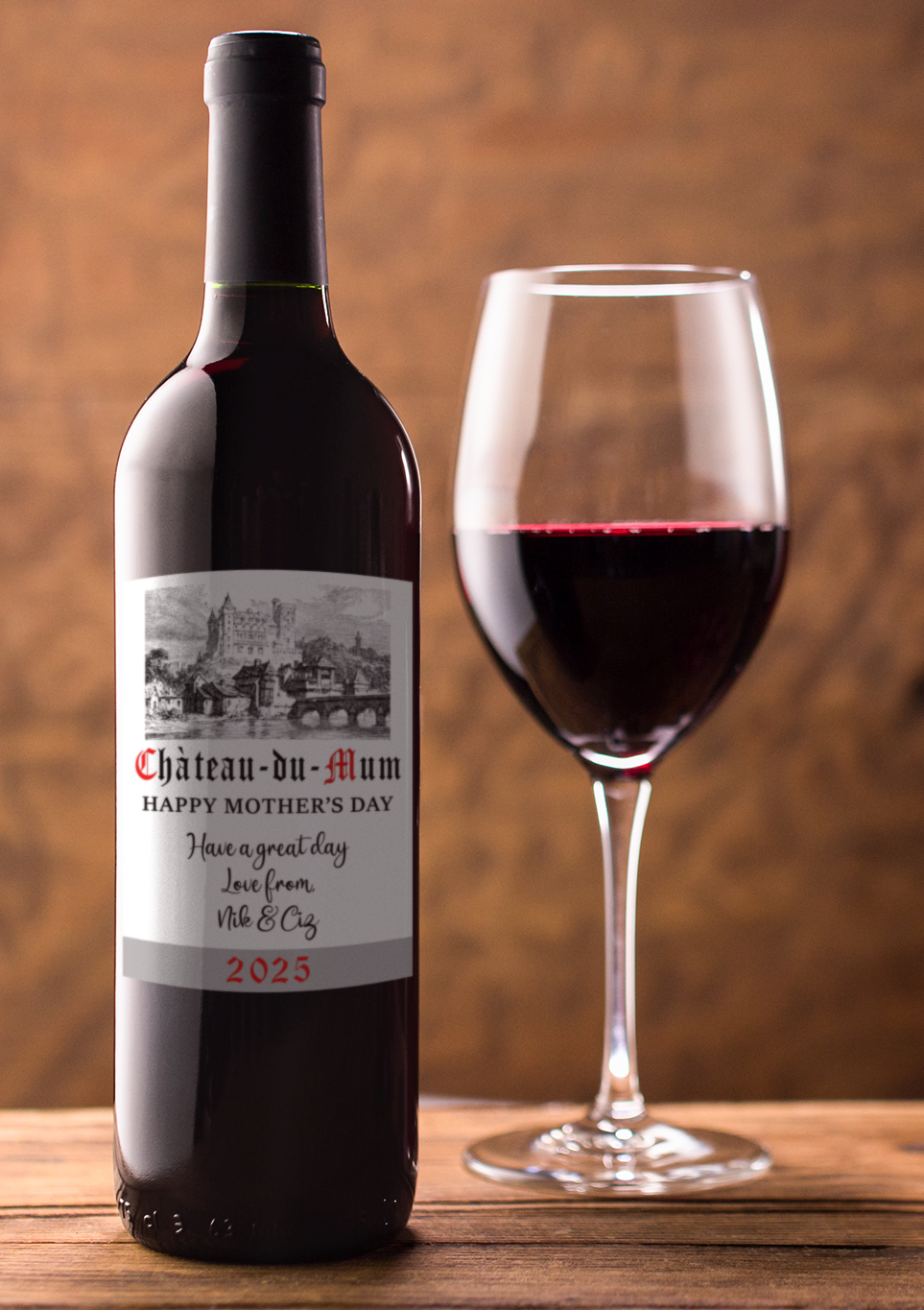 Mother's Day Wine Bottle Label x2 - Chateau du Name - To fit Prosecco Champagne Alcohol Bottles Custom Gift Present - Add Name Message Year