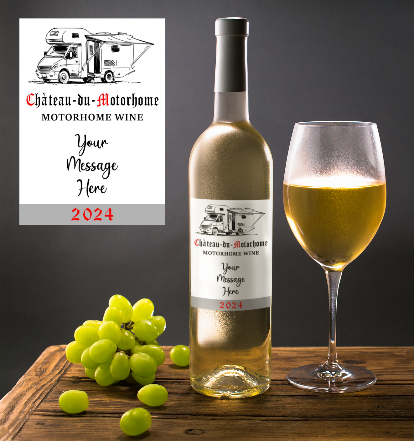 Motorhome Wine Bottle Label x2 - Chateau du Motorhome - Personalise Year & Message - To fit Most Alcohol Bottles Custom Gift