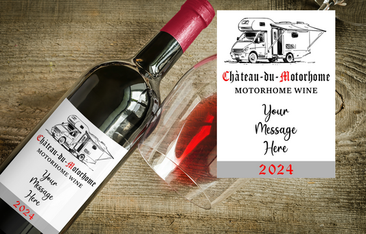 Motorhome Wine Bottle Label x2 - Chateau du Motorhome - Personalise Year & Message - To fit Most Alcohol Bottles Custom Gift