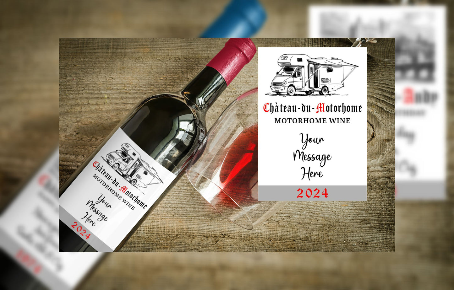 Motorhome Wine Bottle Label x2 - Chateau du Motorhome - Personalise Year & Message - To fit Most Alcohol Bottles Custom Gift