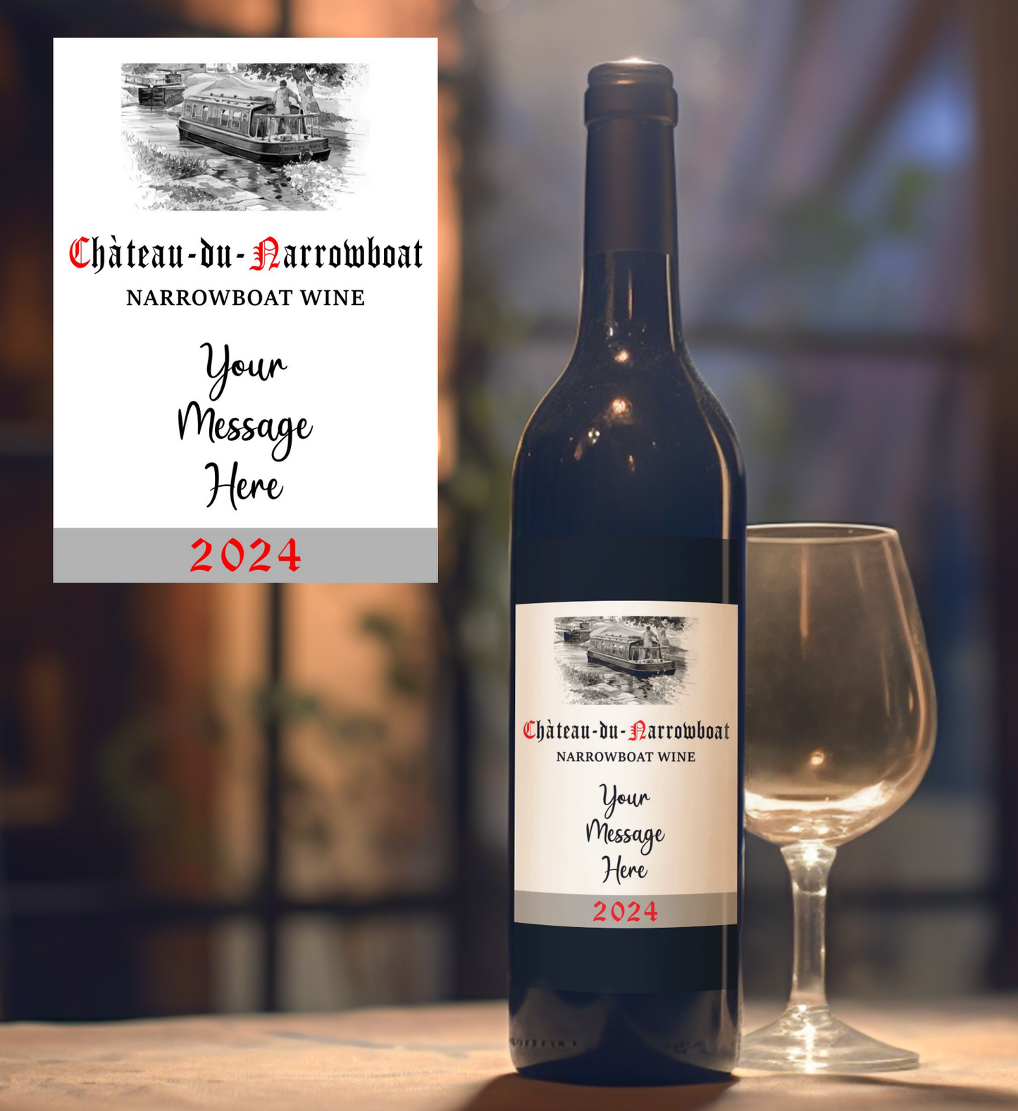 Narrowboat Wine Bottle Label x2 - Chateau du Narrowboat - Personalise Year & Message - To fit Most Alcohol Bottles Custom Gift