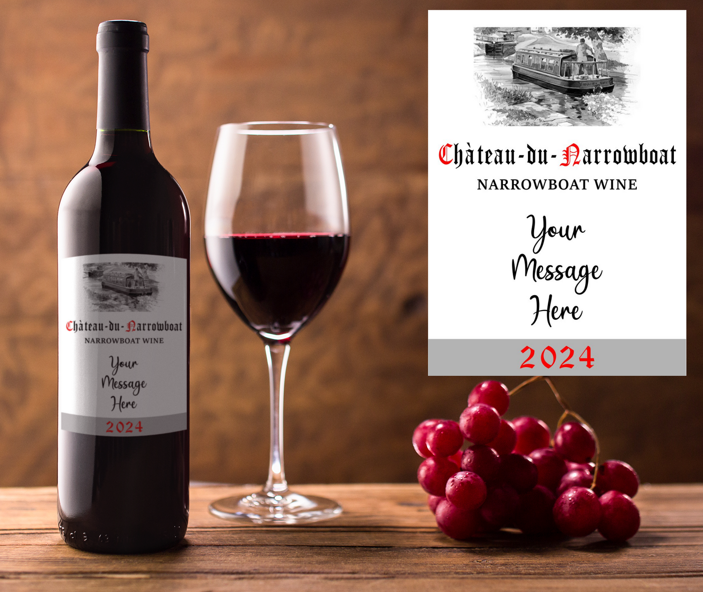 Narrowboat Wine Bottle Label x2 - Chateau du Narrowboat - Personalise Year & Message - To fit Most Alcohol Bottles Custom Gift
