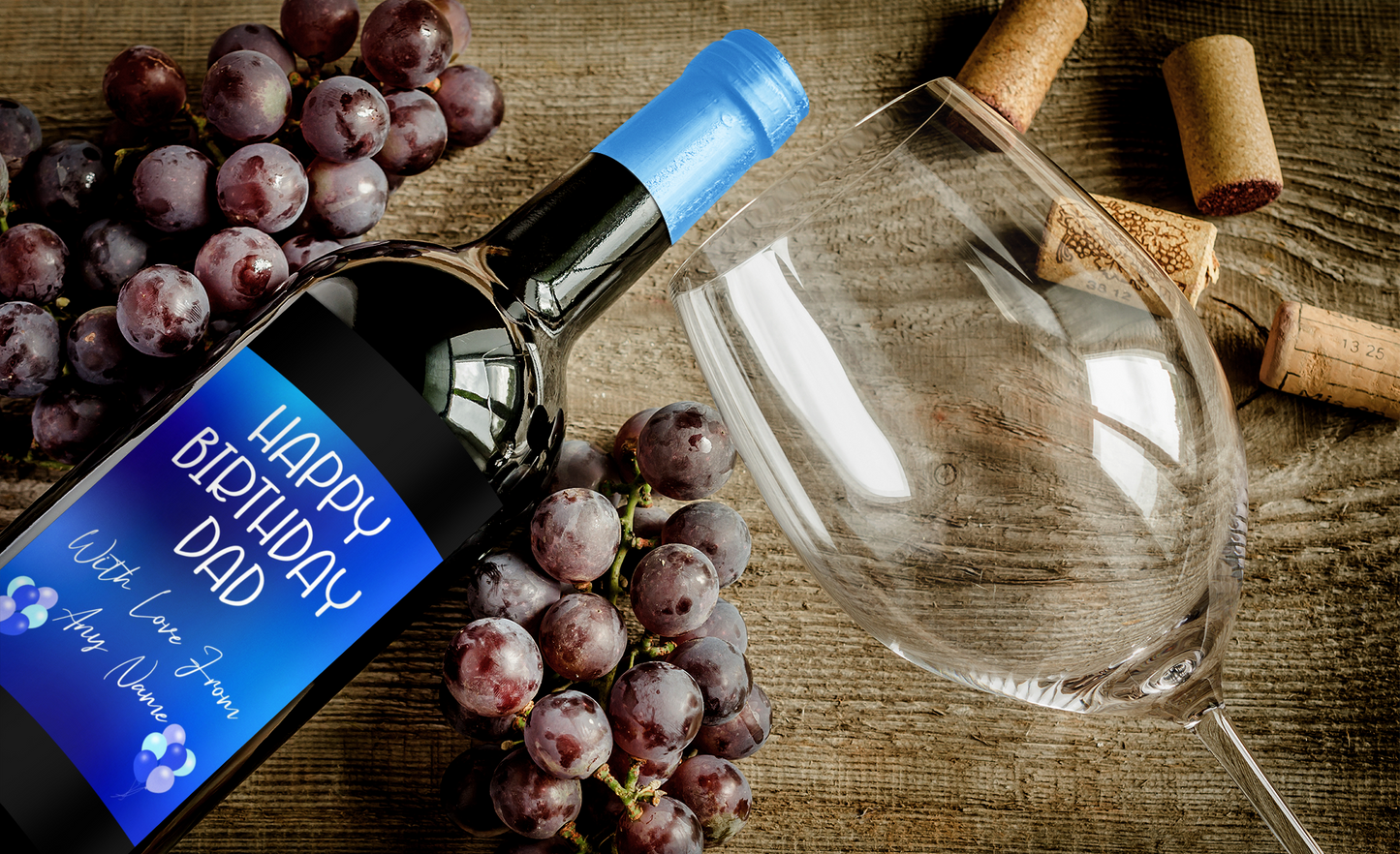 Birthday Wine Bottle Label x2 - Blue Balloon Design - To fit Prosecco Champagne Beer Alcohol Bottles Custom Gift - Add Your Name & Message