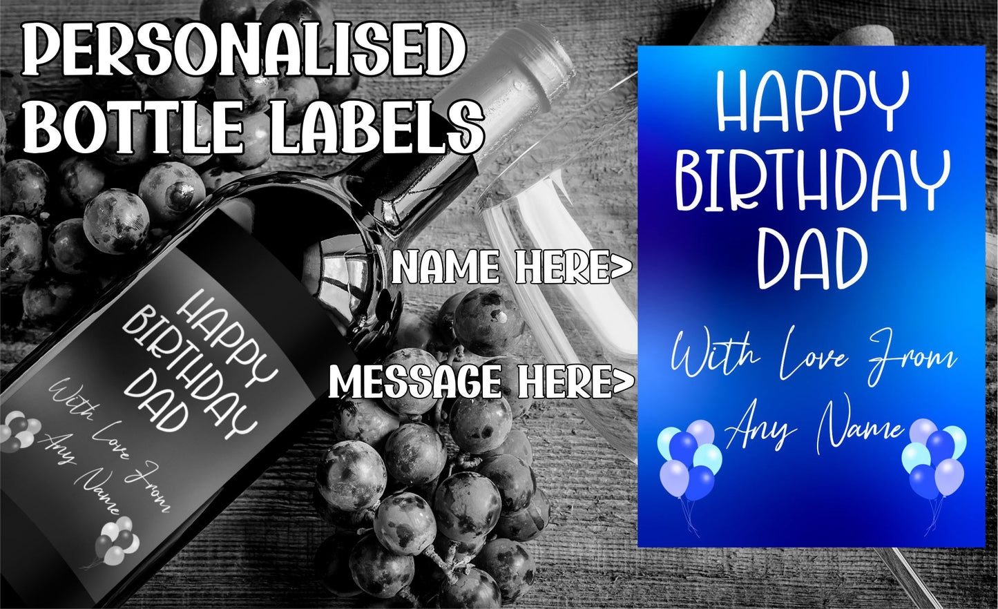 Birthday Wine Bottle Label x2 - Blue Balloon Design - To fit Prosecco Champagne Beer Alcohol Bottles Custom Gift - Add Your Name & Message