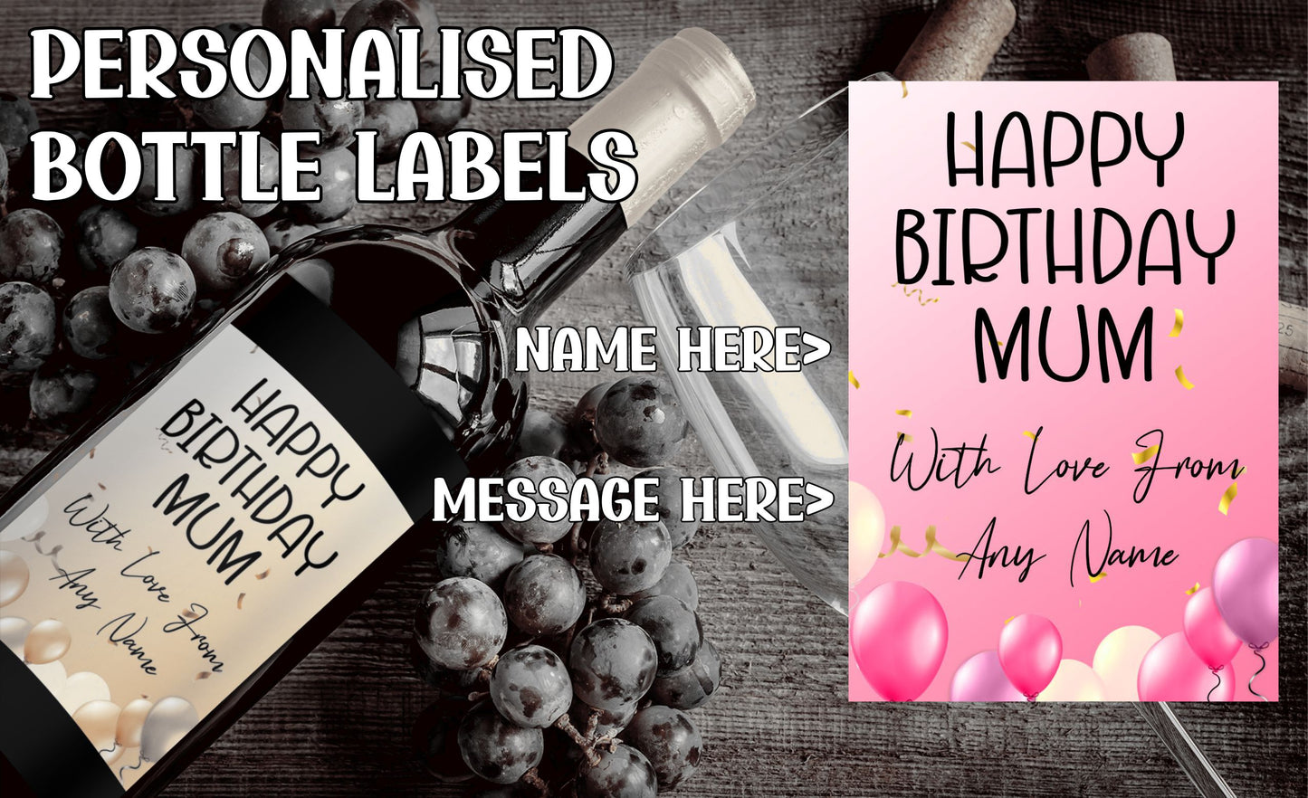 Birthday Wine Bottle Label x2 - Pink Balloon Design - To fit Prosecco Champagne Beer Alcohol Bottles Custom Gift - Add Your Name & Message