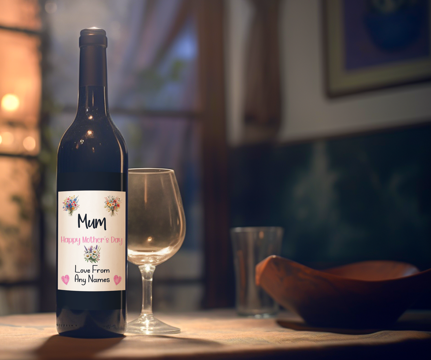 Mother's Day Wine Bottle Labels x2 - Flowers & Hearts Design - To fit Prosecco Champagne Alcohol Bottles Custom Gift Present - Add Your Name