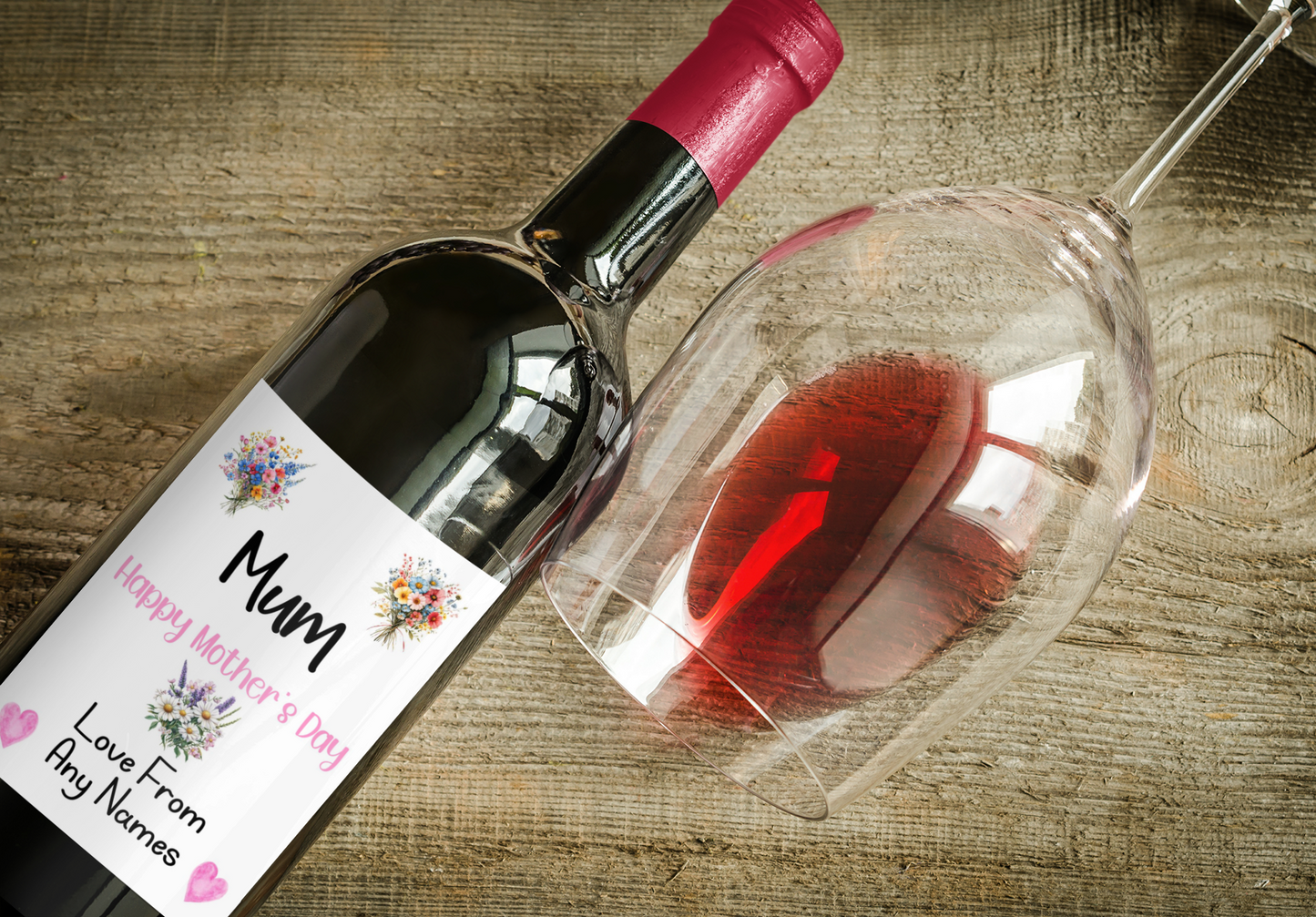 Mother's Day Wine Bottle Labels x2 - Flowers & Hearts Design - To fit Prosecco Champagne Alcohol Bottles Custom Gift Present - Add Your Name