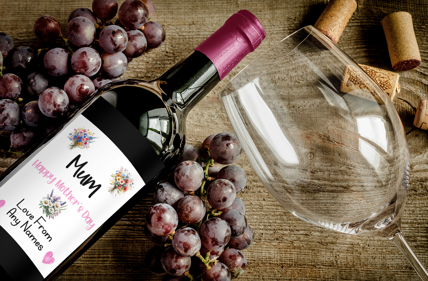 Mother's Day Wine Bottle Labels x2 - Flowers & Hearts Design - To fit Prosecco Champagne Alcohol Bottles Custom Gift Present - Add Your Name