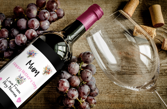 Mother's Day Wine Bottle Labels x2 - Flowers & Hearts Design - To fit Prosecco Champagne Alcohol Bottles Custom Gift Present - Add Your Name