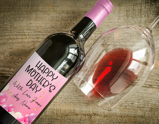 Mother's Day Wine Bottle Label x2 - Pink Balloon Design - To fit Prosecco Champagne Beer Alcohol Bottles Custom Gift Present - Add Your Name
