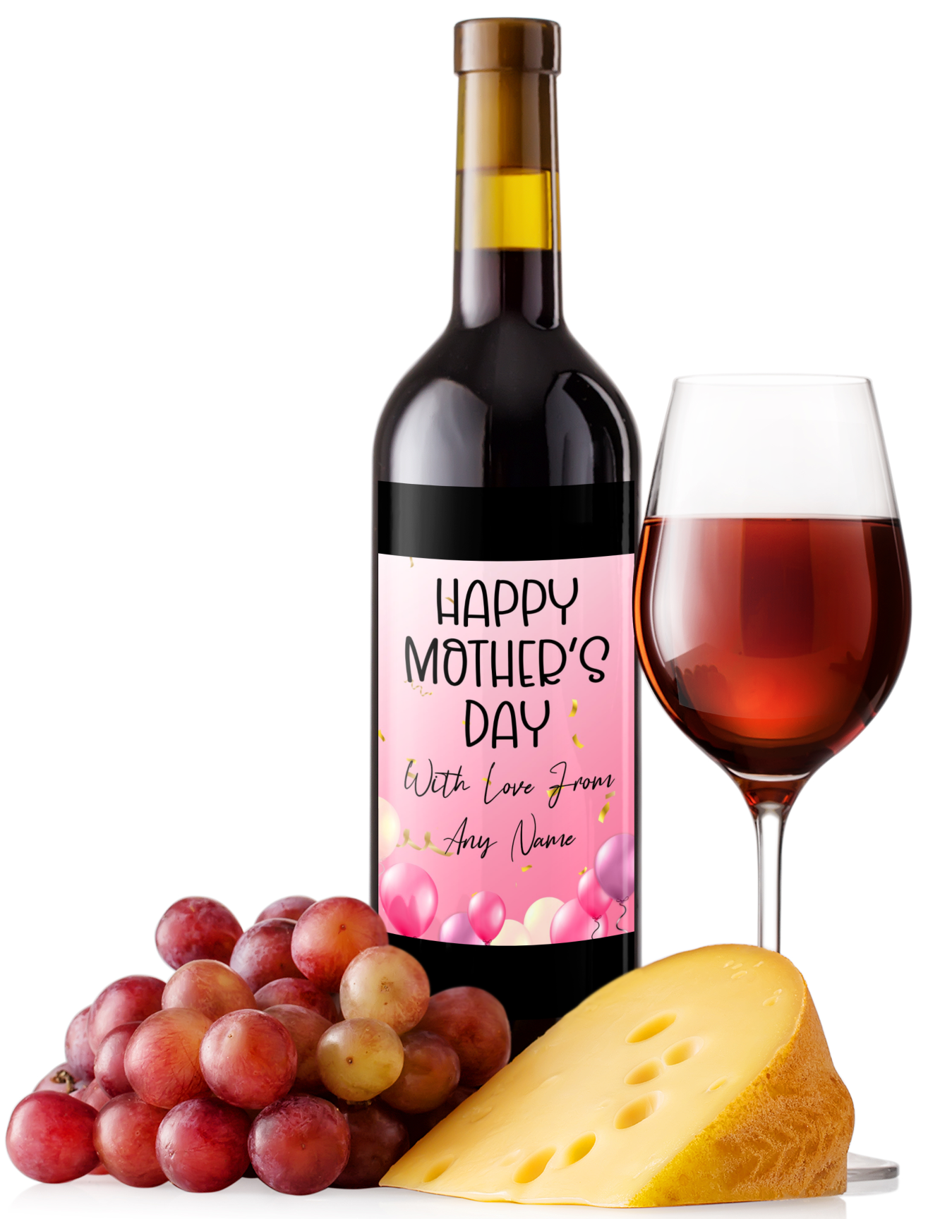 Mother's Day Wine Bottle Label x2 - Pink Balloon Design - To fit Prosecco Champagne Beer Alcohol Bottles Custom Gift Present - Add Your Name