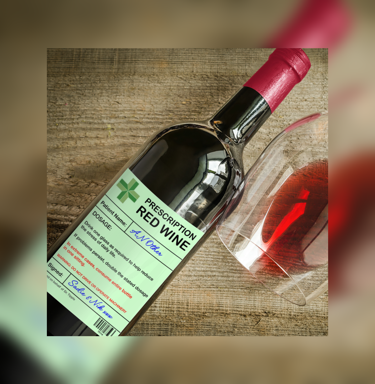 Red Wine Bottle Label x2 - Prescription - Personalise Patient Name & From Names - Will fit Most Alcohol Bottles Custom Gift
