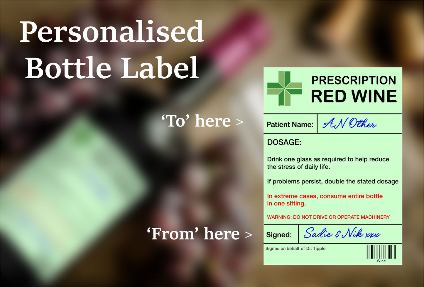 Red Wine Bottle Label x2 - Prescription - Personalise Patient Name & From Names - Will fit Most Alcohol Bottles Custom Gift