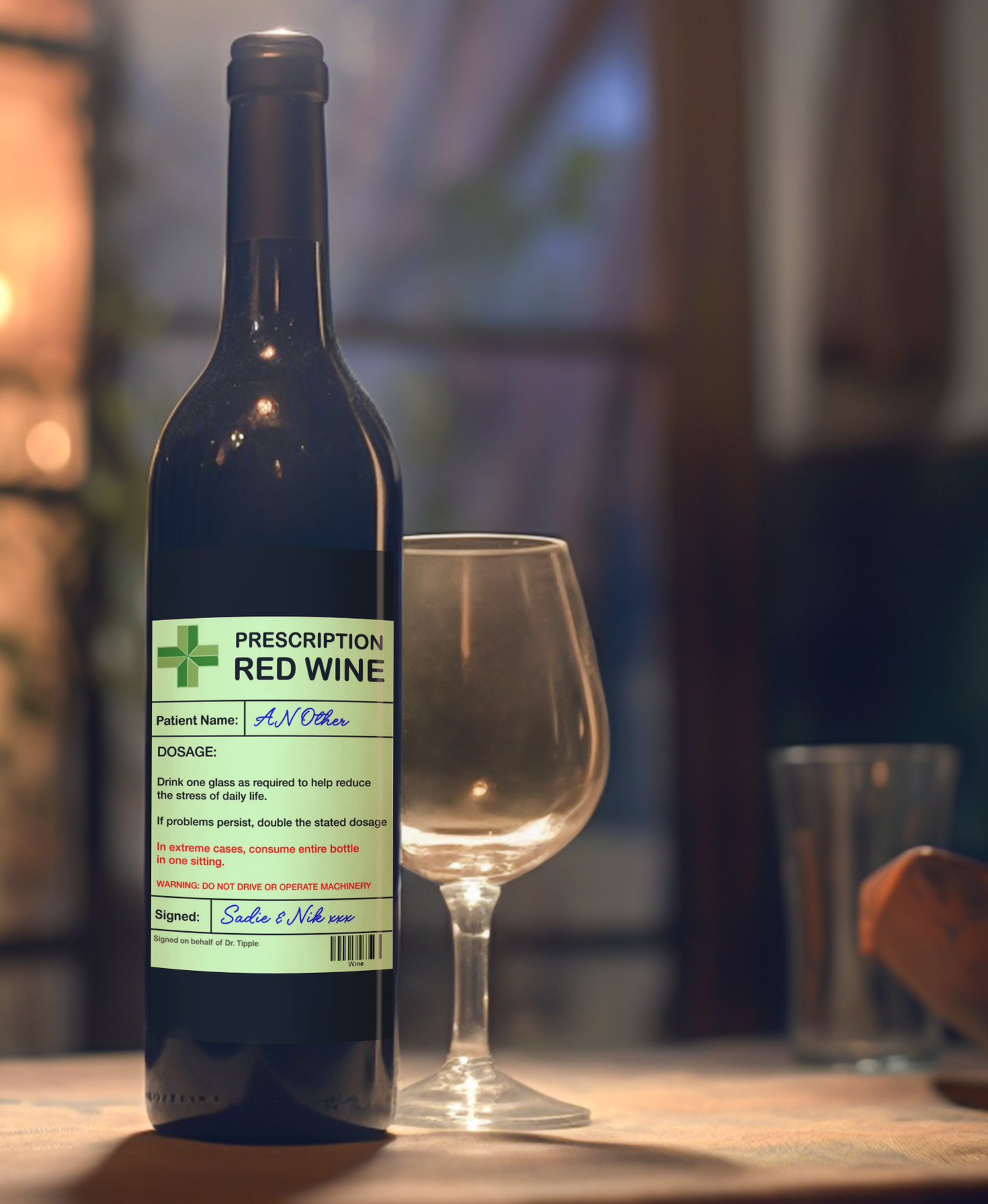 Red Wine Bottle Label x2 - Prescription - Personalise Patient Name & From Names - Will fit Most Alcohol Bottles Custom Gift