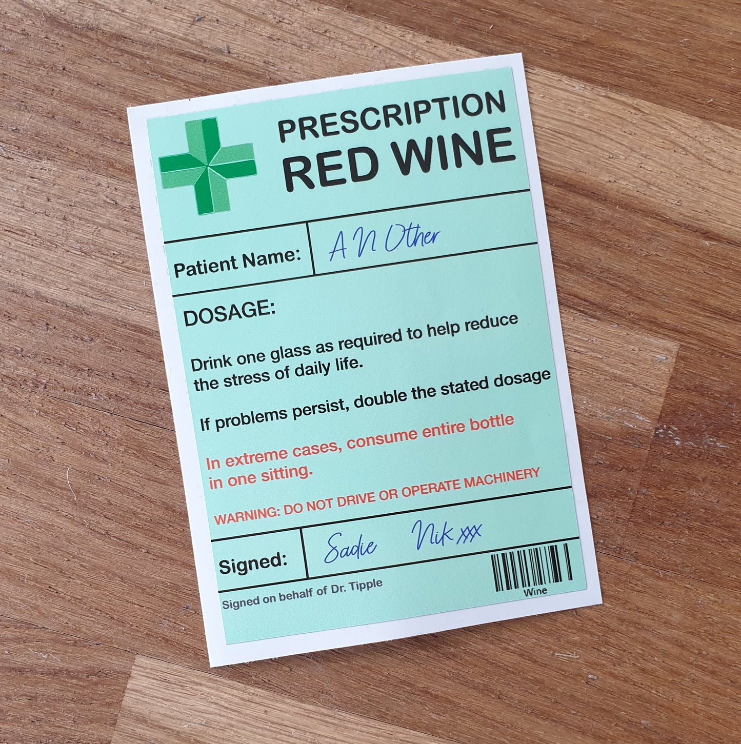 Red Wine Bottle Label x2 - Prescription - Personalise Patient Name & From Names - Will fit Most Alcohol Bottles Custom Gift