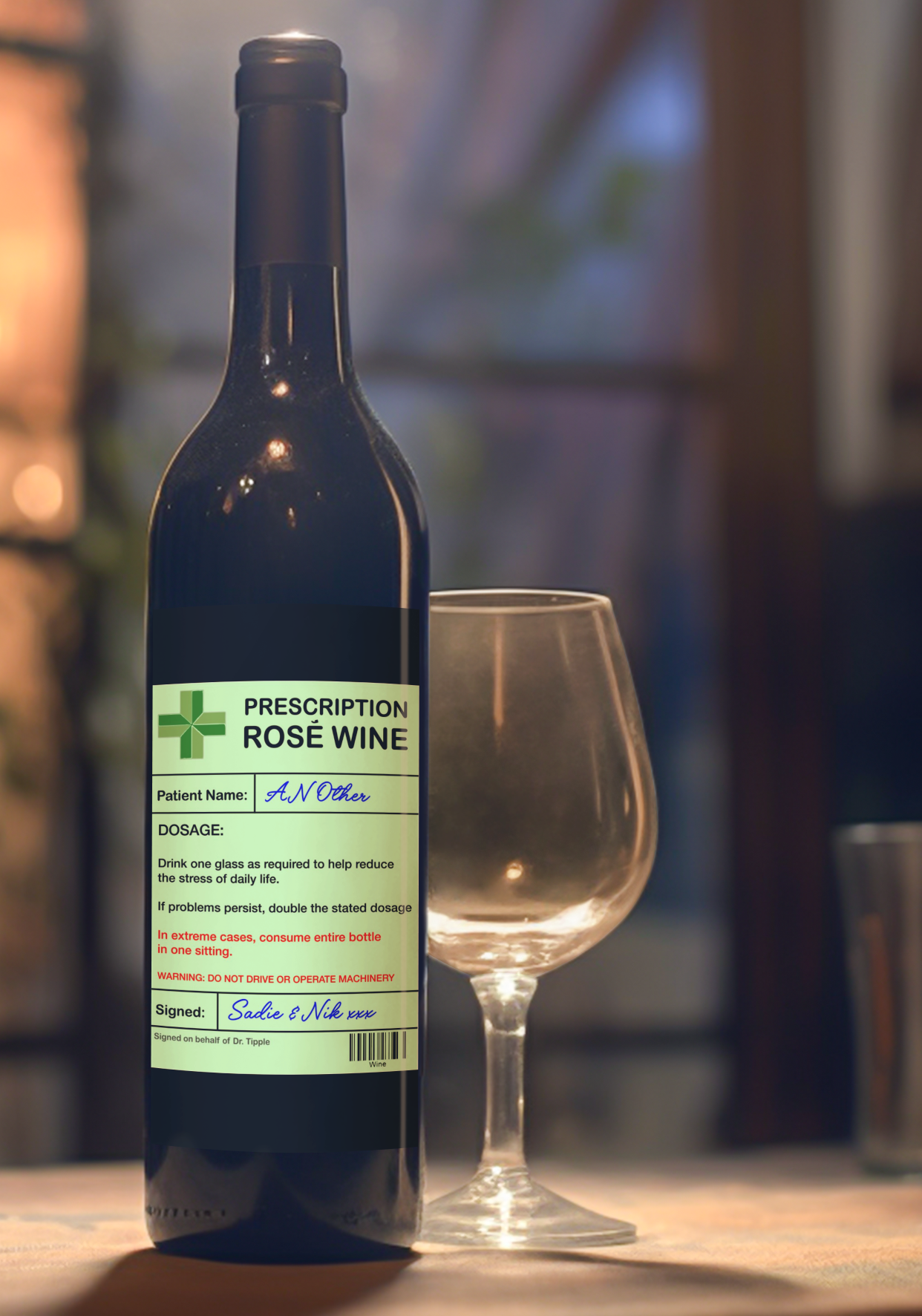 Rose Wine Bottle Label x2 - Prescription - Personalise Patient Name & From Names - Will fit Most Alcohol Bottles Custom Gift