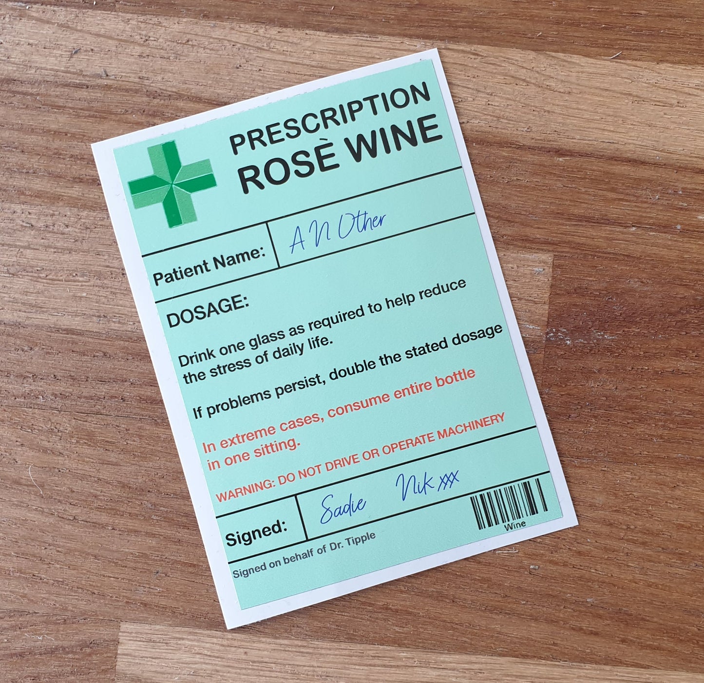Rose Wine Bottle Label x2 - Prescription - Personalise Patient Name & From Names - Will fit Most Alcohol Bottles Custom Gift