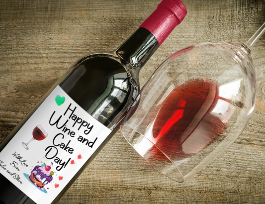 Wine Bottle Label x2 - Happy Wine And Cake Day - To fit Red Wine Bottle - Add Custom Personalised Message
