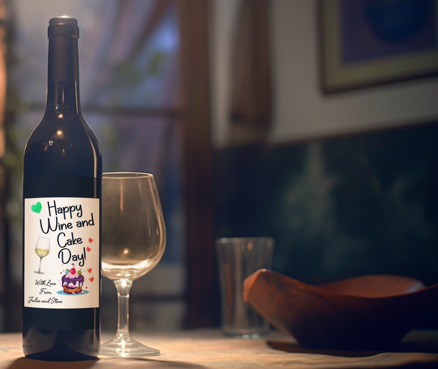 Wine Bottle Label x2 - Happy Wine And Cake Day - To fit White Wine Bottle - Add Custom Personalised Message