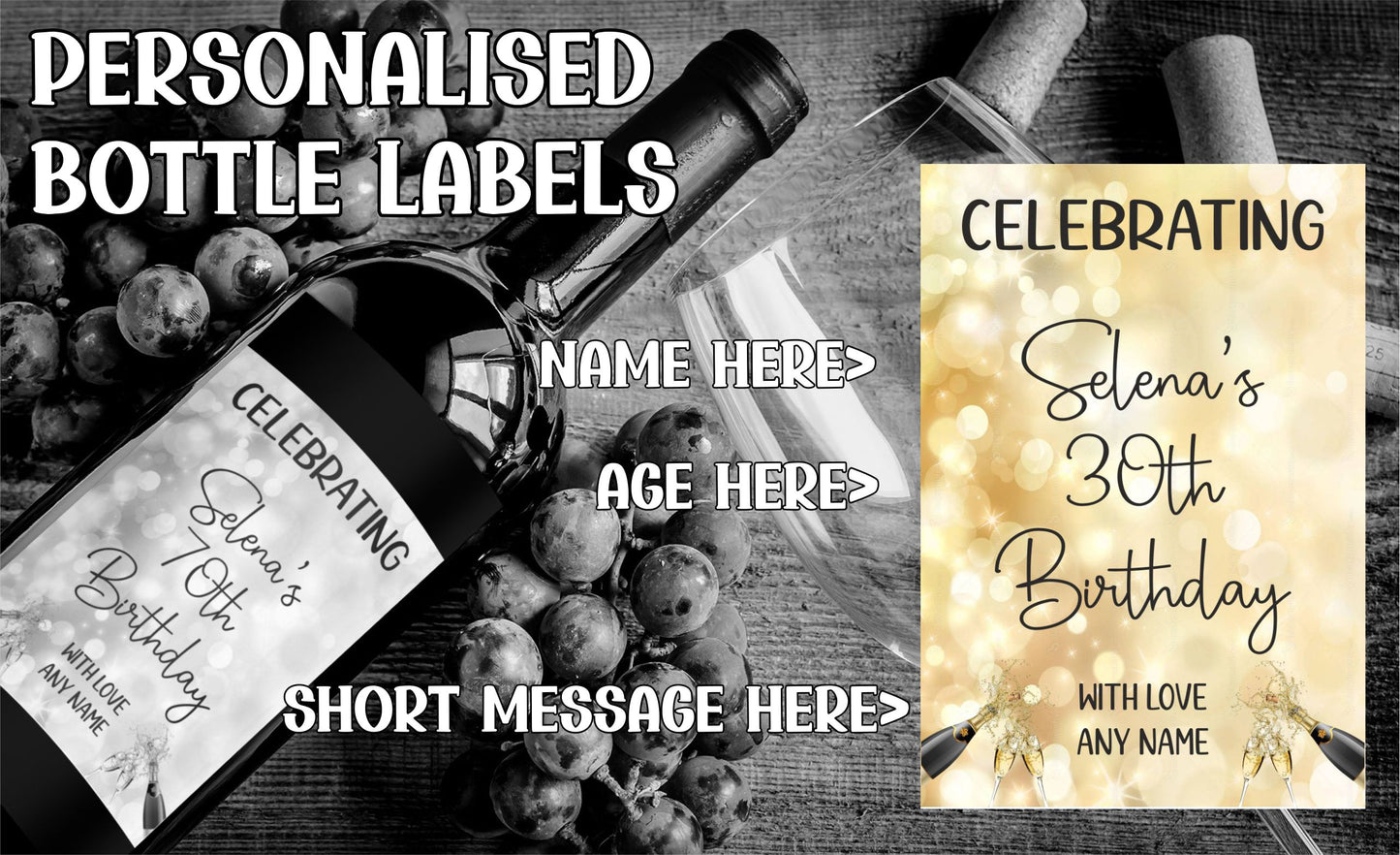 Wine Bottle Label x2 - Celebrating Birthday - To fit Prosecco Champagne Beer Gift 18th 21st 40th 50th - Personalise Name & Age