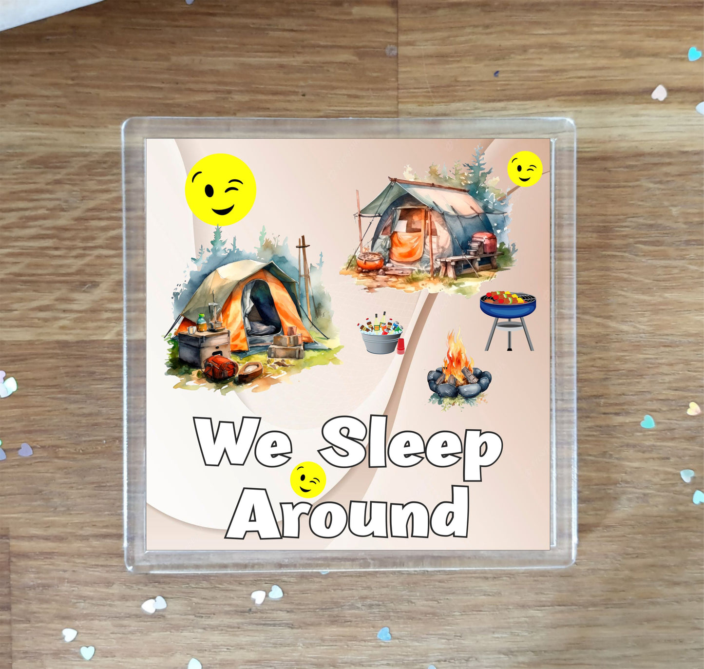 Camping Coaster Gift - We Sleep Around - Cute Cheeky Fun Novelty Birthday Holiday Present