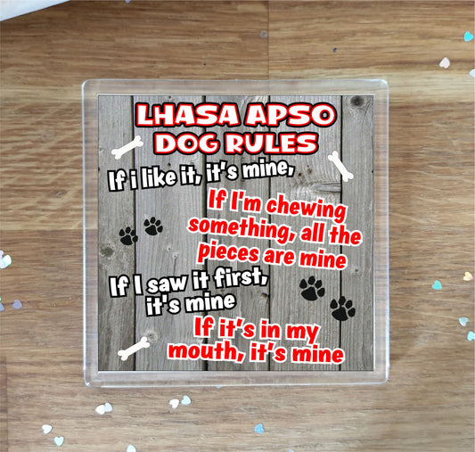 Lhasa Apso Coaster Gift - Dog Rules - If I Like It It's Mine - Novelty Cute Pet Owner Mug Cup Coaster Present