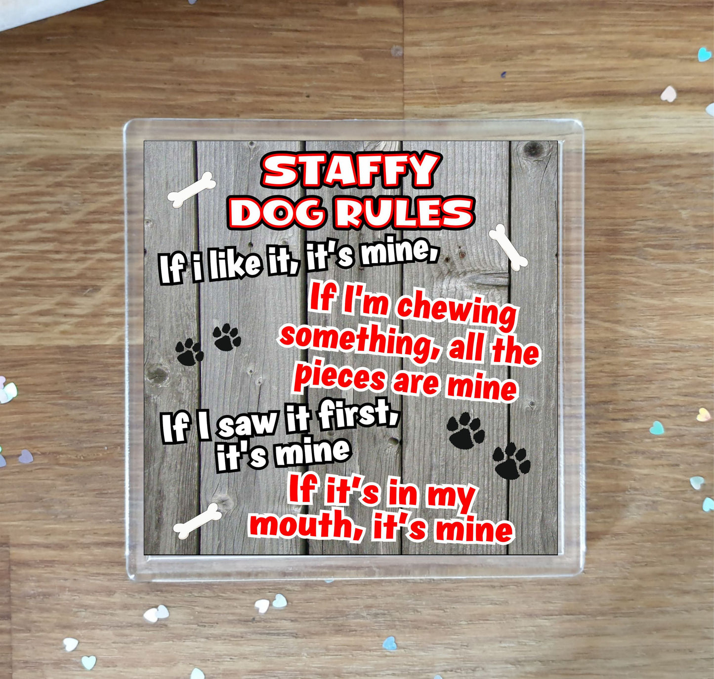 Staffy Coaster Gift - Dog Rules - If I Like It It's Mine - Novelty Cute Pet Owner Mug Cup Coaster Present