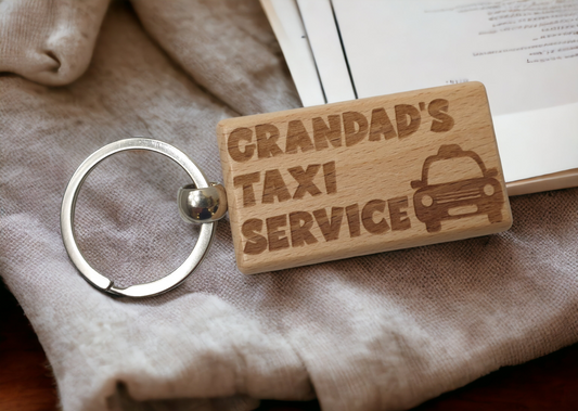 Grandad's Keyring Gift - Grandad's Taxi Service - Cute Engraved Wooden Keyring Funny Novelty Nice Custom Present