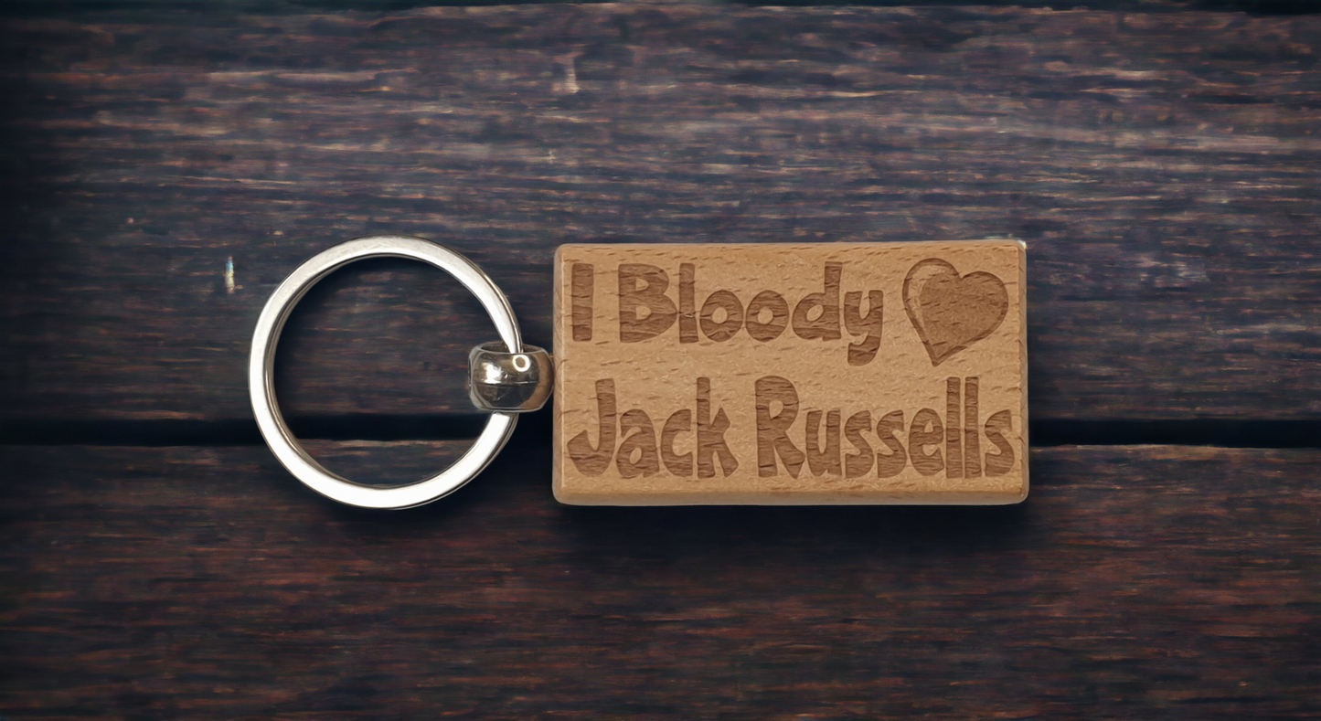 Jack Russell Keyring Gift - I Bloody Love Heart - Cute Engraved Wooden Key Fob Fun Novelty Nice Custom Present
