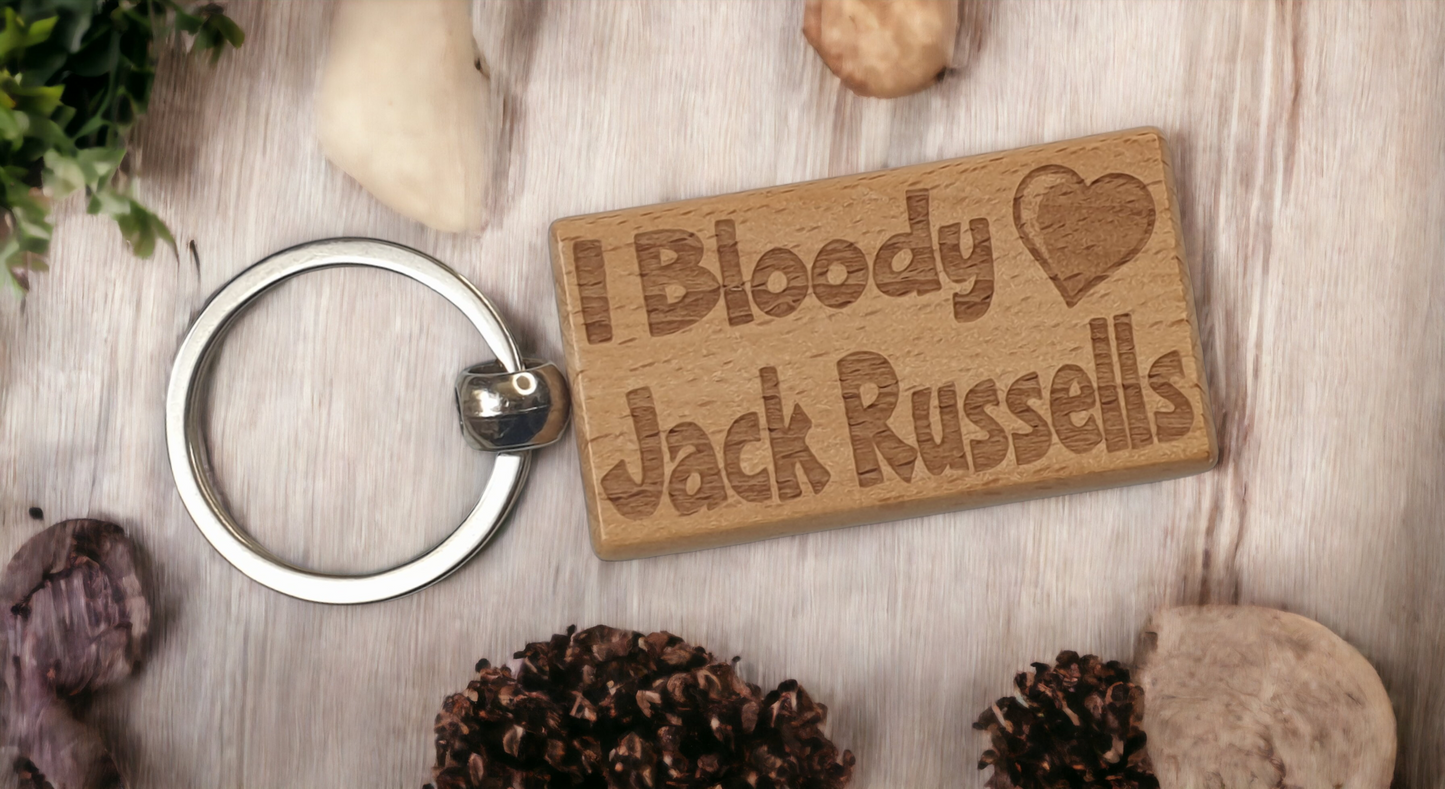 Jack Russell Keyring Gift - I Bloody Love Heart - Cute Engraved Wooden Key Fob Fun Novelty Nice Custom Present