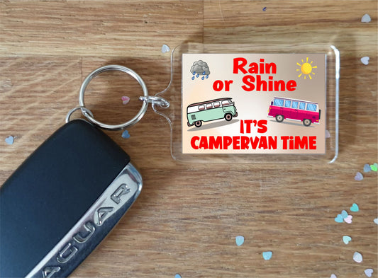 Fun Campervan Keyring - Rain or Shine It's Campervan Time - Cute Novelty Holiday Present