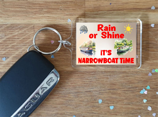 Fun Narrowboat Keyring - Rain or Shine It's Narrowboat Time - Canal Boat Cute Novelty Holiday Present