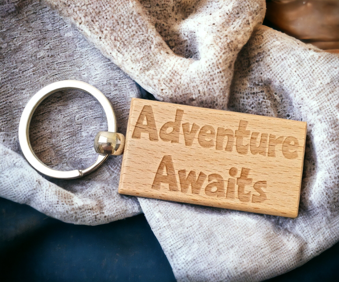 Cute Travel Keyring Gift Adventure Awaits Nice Engraved Wooden Motorhome Campervan Caravan Key Fob Fun Novelty Present