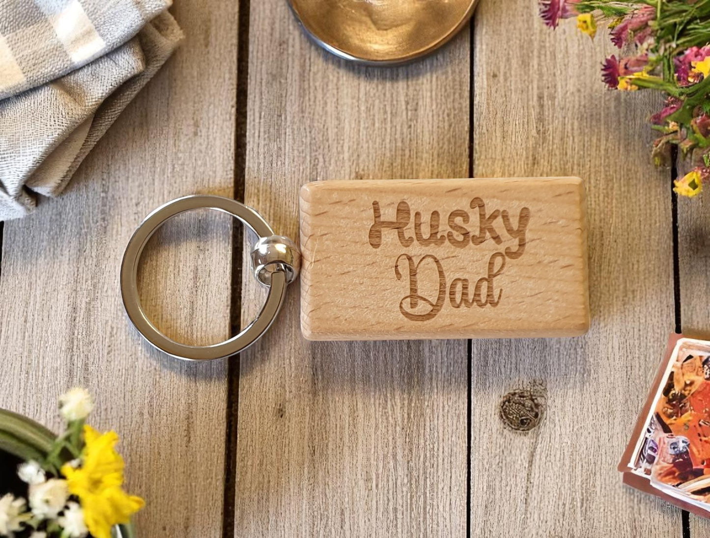 Husky Dad Keyring Gift - Nice Cute Engraved Wooden Key Fob Novelty Dog Owner Present