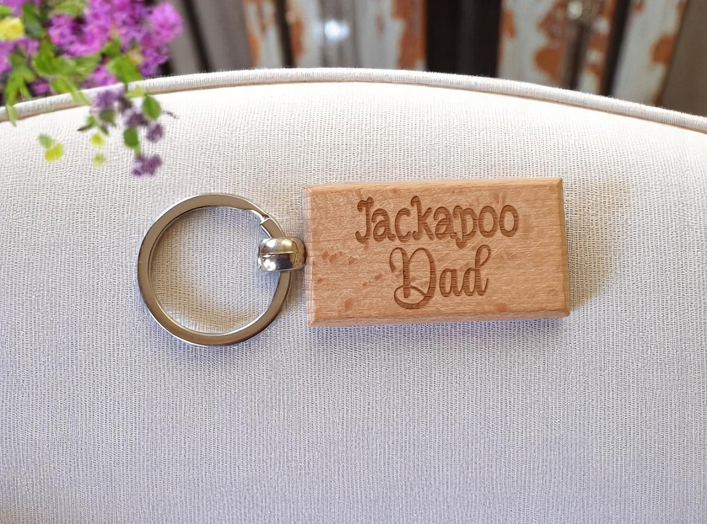 Jackapoo Dad Keyring Gift - Nice Cute Engraved Wooden Key Fob Novelty Dog Owner Present